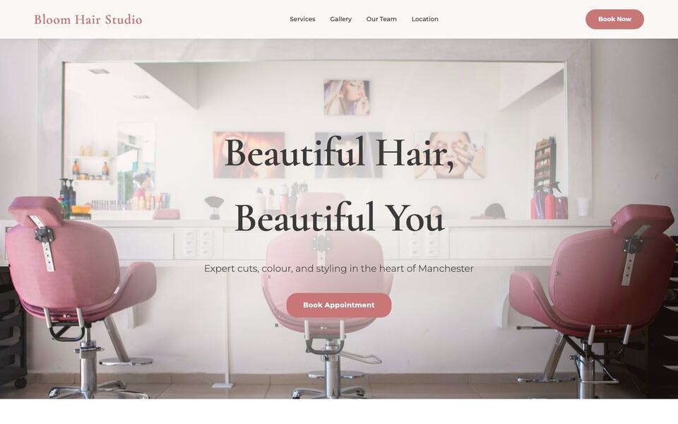 Hair salon website template for Bloom Hair Studio showing pink styling chairs and a booking button