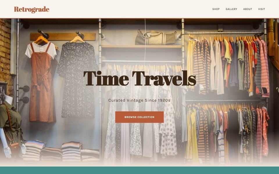 Vintage clothing shop website template for Retrograde showing dresses and shirts on rails