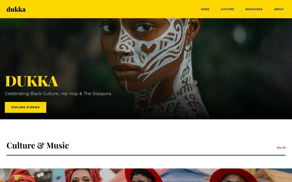 Culture magazine website for Dukka showing a portrait with white face paint and an Explore Stories button