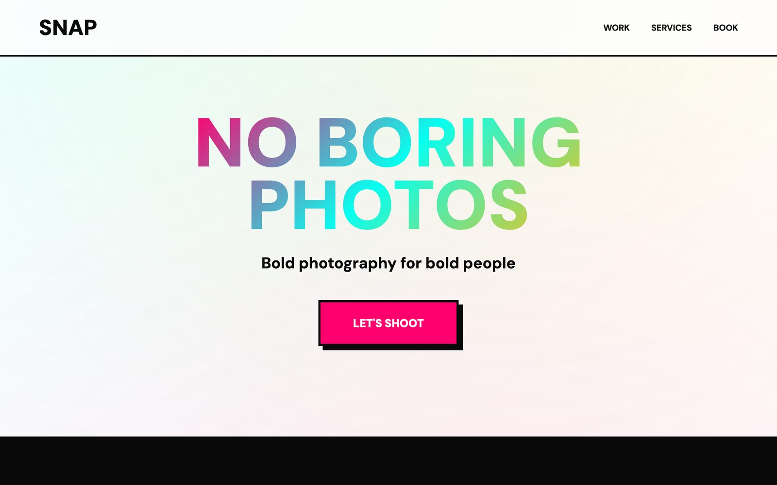 Photographer portfolio website template for Snap! Photography with a colourful No Boring Photos headline