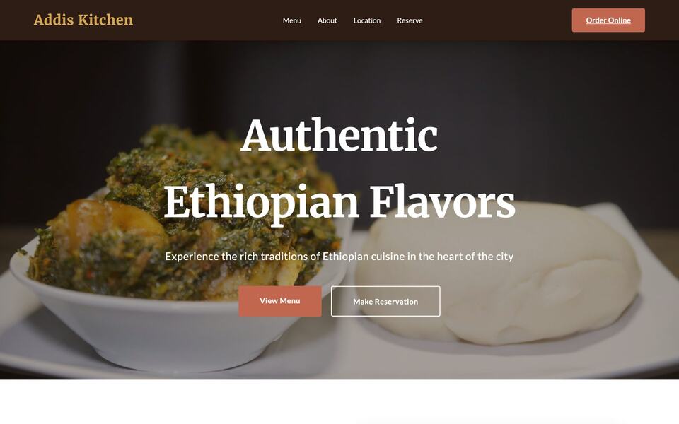 Restaurant website template for Addis Kitchen showing a bowl of Ethiopian food and a menu button