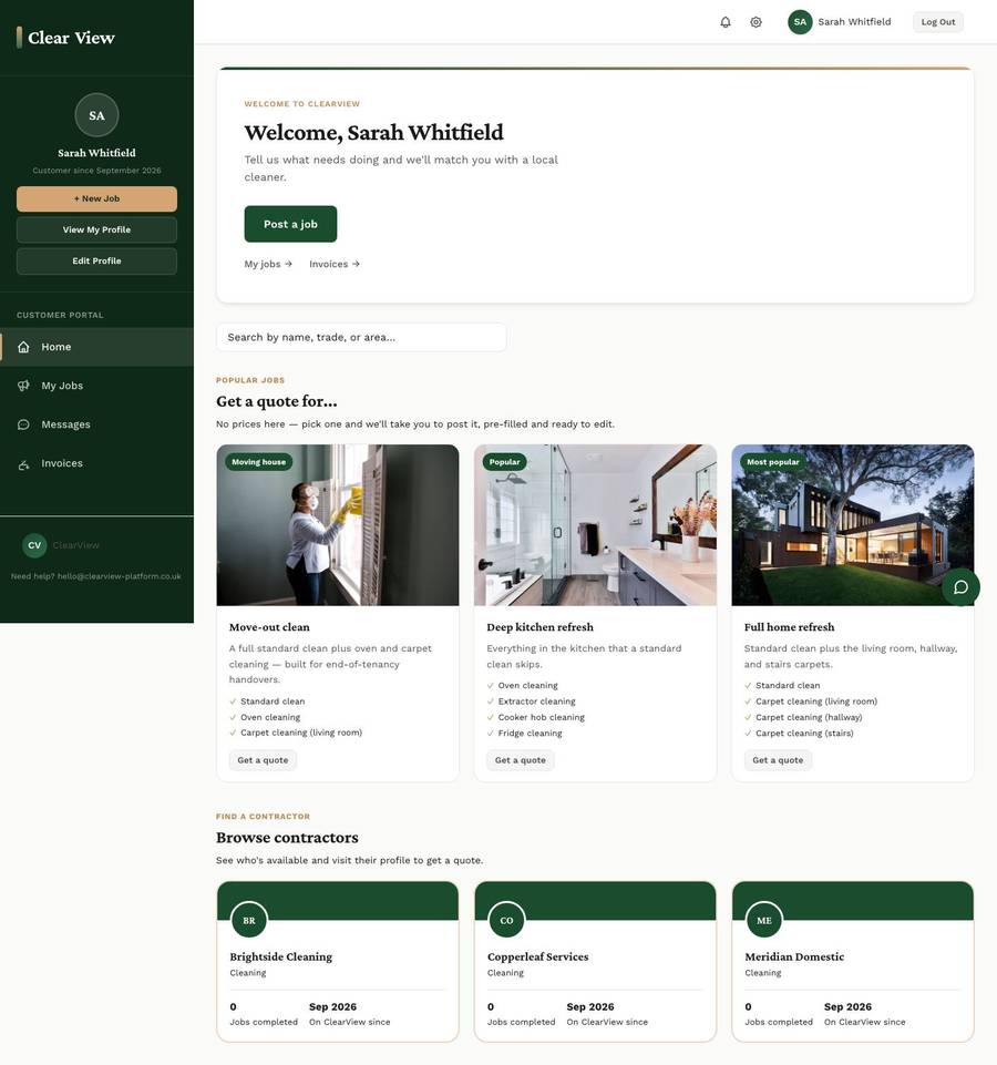 ClearView customer dashboard showing a welcome panel, popular cleaning jobs and cleaner profiles