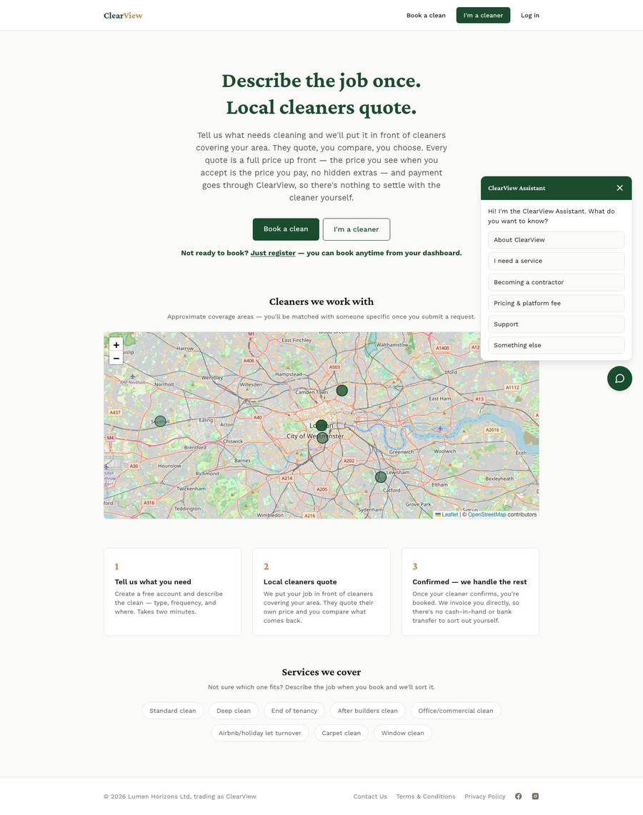 Cleaning marketplace website for ClearView showing the homepage with a map of local cleaners and Book a clean button