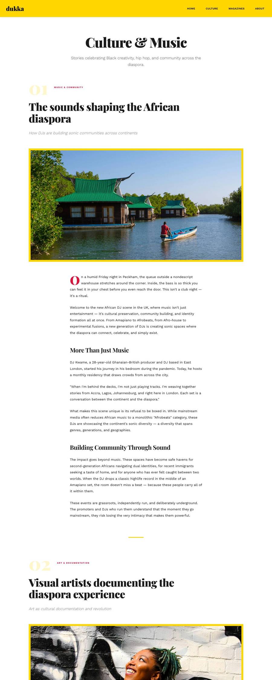 Dukka Magazine culture article page with a headline on African diaspora music and a river photograph