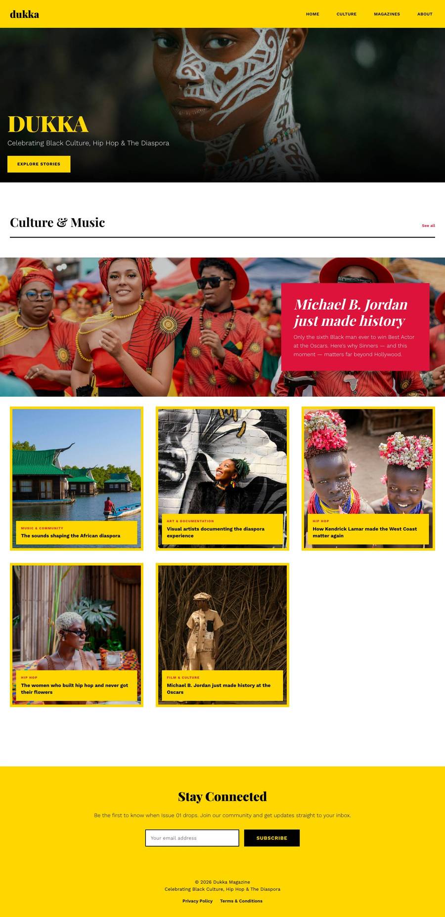 Dukka Magazine homepage showing a portrait with white face paint and a Culture and Music section