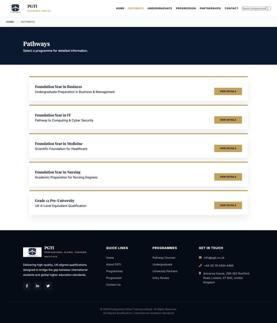 PGTI pathways page listing foundation year courses in business, IT, medicine and nursing
