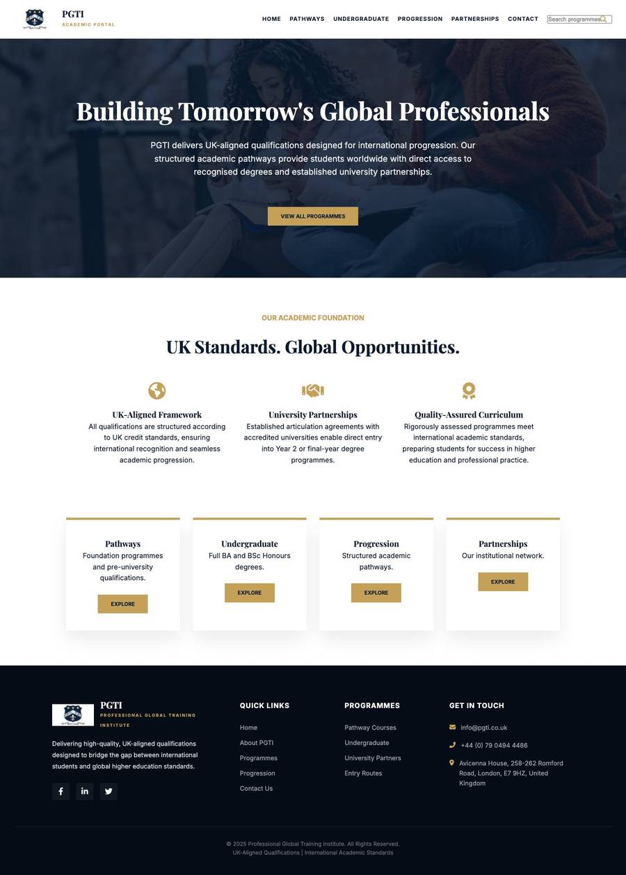 Education website for PGTI, Professional Global Training Institute, showing the academic portal homepage and programme button