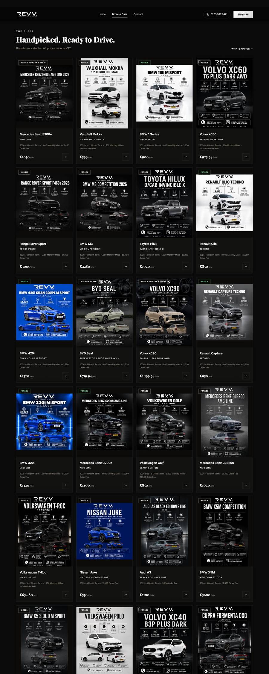 REVV Leasing fleet page showing a grid of leasable cars with monthly prices and filters