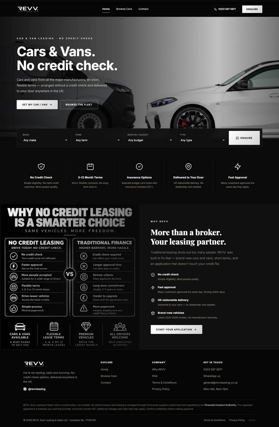 Car leasing website for REVV Leasing showing the homepage with a white BMW, vehicle search bar and no credit check message